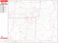 Des Moines Wall Map Zip Code Red Line Style 2024